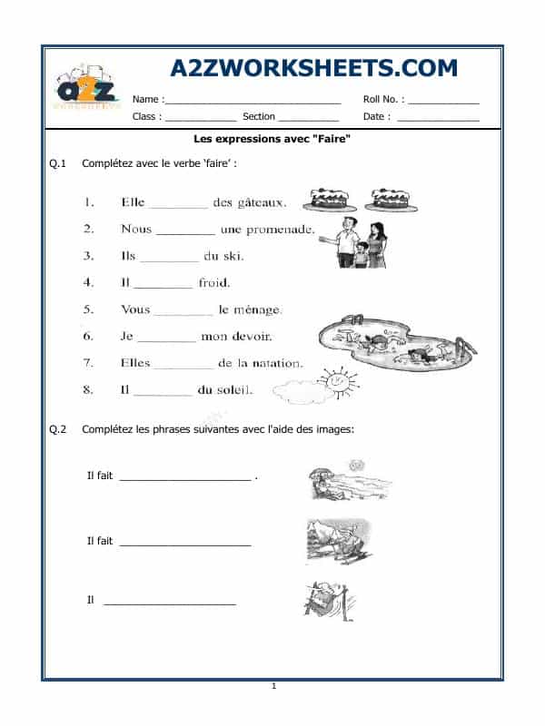 French Worksheet - Les Expressions Avec - Faire
