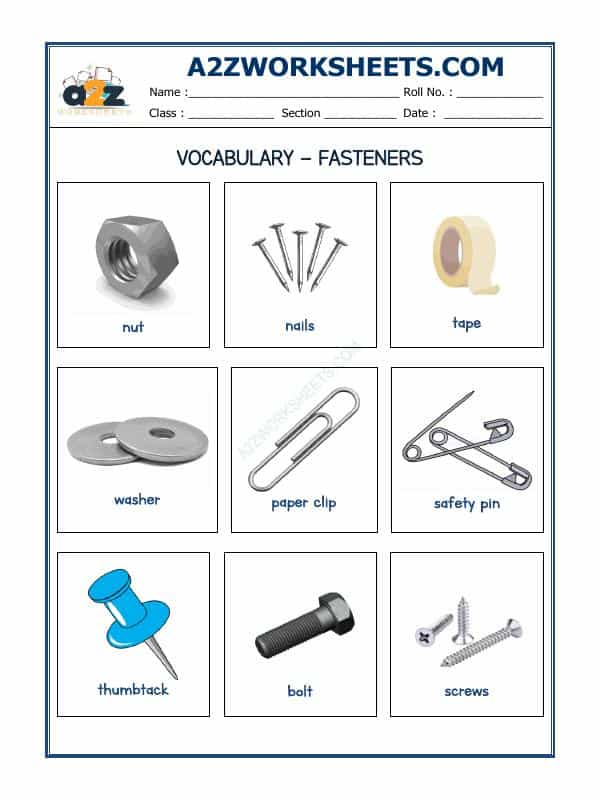 Vocabulary Worksheets -Fasteners