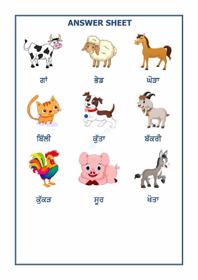 Punjabi Worksheet- Pet Animals Name