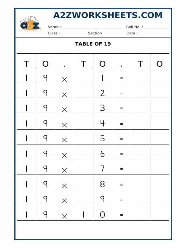 Table Of Nineteen
