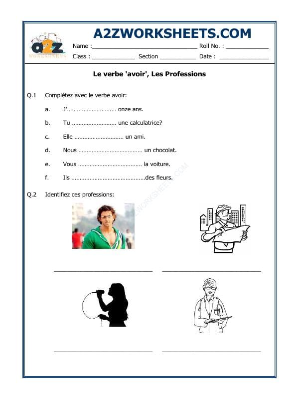 French Worksheet - Le Verbe 'Avoir', Les Professions