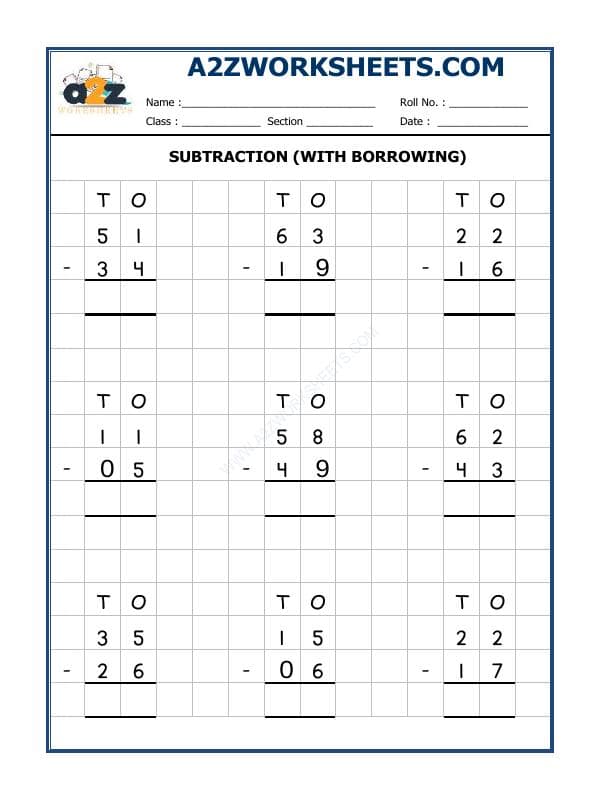 Subtraction Worksheet (With Borrowing)-02