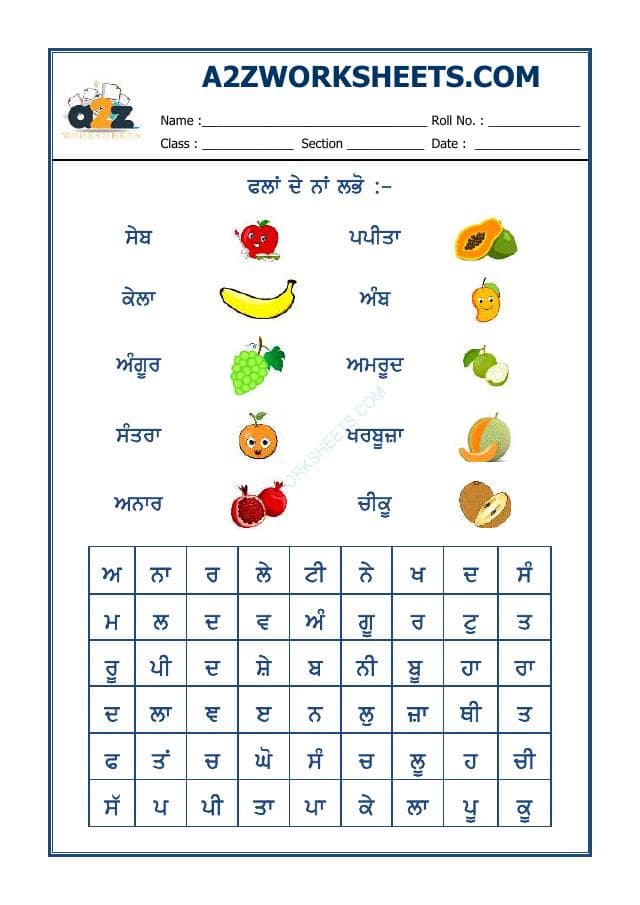 Punjabi Word Search-Fruits Name