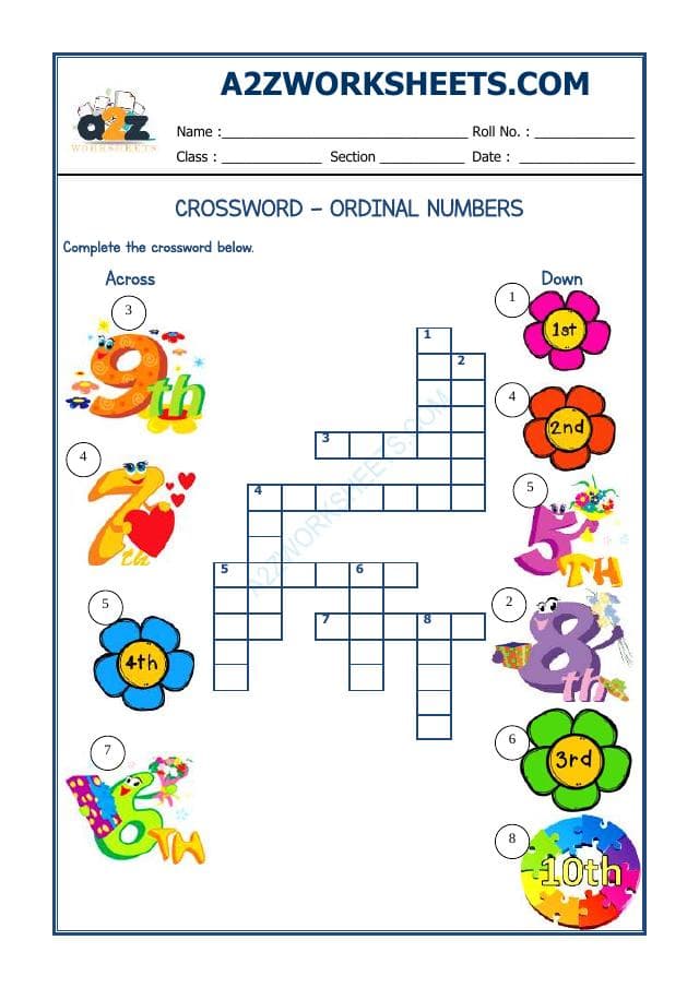 Crossword -Ordinal Numbers (1-10)